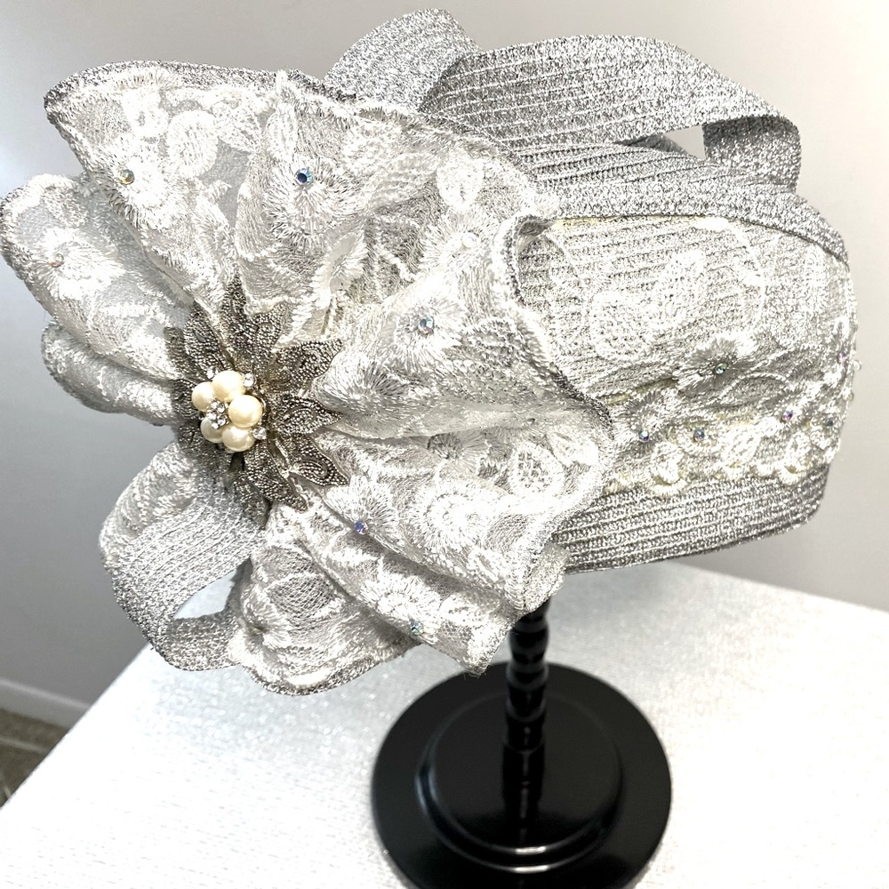 Silver metallic and rhinestone straw hat by Mr. Hi! Church/Special Occasion Hat